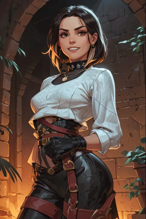 She looks like Cammy White and has a horizontal scar across her nose. Inca girl with white and dark hair, bigger head, deep red-coloured eyes, slanted Asian eyes, small sharp canine teeth, black eyeliner, athletic body and soft abs. Slender and athletic. C...