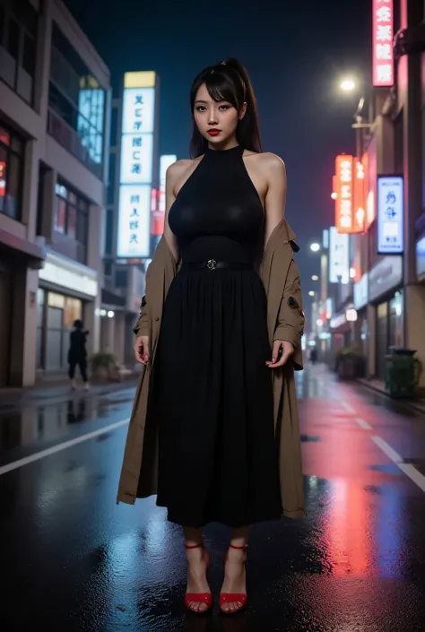 Pitch-dark street, night views, neon signs, wet roads.
She is wearing a trench coat over a black high-necked sleeveless shirt.
Long black skirt, red stiletto heels.
Super beautiful Japanese woman, looks like a intimidating dominatrix, long upturned eyeline...