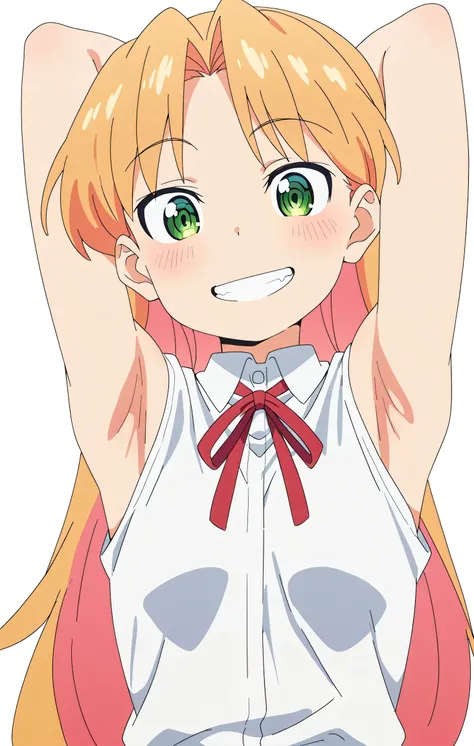 masterpiece, best quality, amazing quality, anime screencap, anime coloring, 1girl, solo, ruri tanigawa, long hair, blonde hair, green eyes, pink hair, multicolored hair, orange hair, parted bangs, colored inner hair, shirt, ribbon, white shirt, short slee...