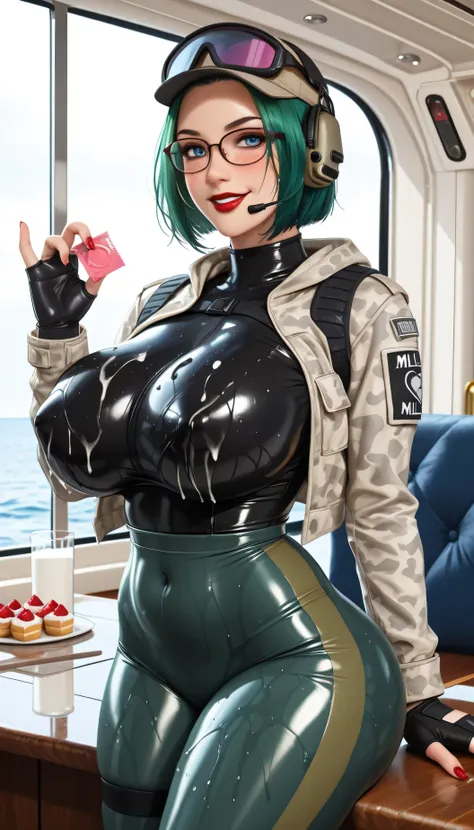 score_9, score_8_up, score_7_up, nsfw, ((thick thighs)), wide hips:1.2, masterpiece, ruanyi0639, standing ,suggestive illustration, ela, ela \(Rainbow Six Siege\),1girl,solo,short hair ,gloves, jacket, tight latex pants two-tone Secretary cloth, glasses, s...