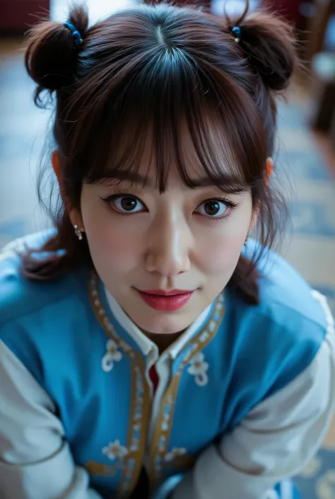 Park_Shin-hye, (Face-focus:1.3), (8mm fisheye lens:1.3), fisheye curvature applied to her face eyes chin and lips, extreme wide-angle distortion, warped perspective, curved lines, 180° field of view, Park Shin-hye in a Chun-Li from Street Fighter cosplay, ...