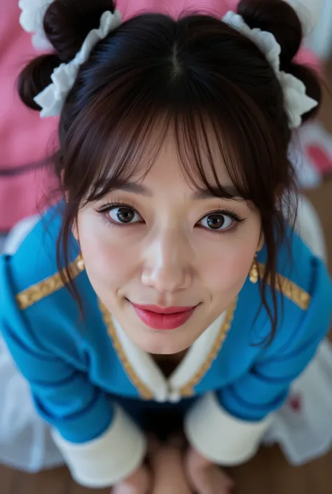 Park_Shin-hye, (Face-focus:1.3), (8mm fisheye lens:1.3), fisheye curvature applied to her face eyes chin and lips, extreme wide-angle distortion, warped perspective, curved lines, 180° field of view, Park Shin-hye in a Chun-Li from Street Fighter cosplay, ...