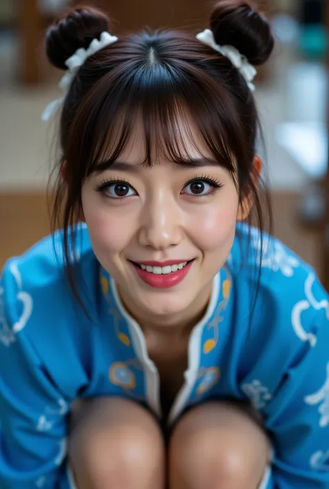 Park_Shin-hye, (Face-focus:1.3), (8mm fisheye lens:1.3), fisheye curvature applied to her face eyes chin and lips, extreme wide-angle distortion, warped perspective, curved lines, 180° field of view, Park Shin-hye in a Chun-Li from Street Fighter cosplay, ...