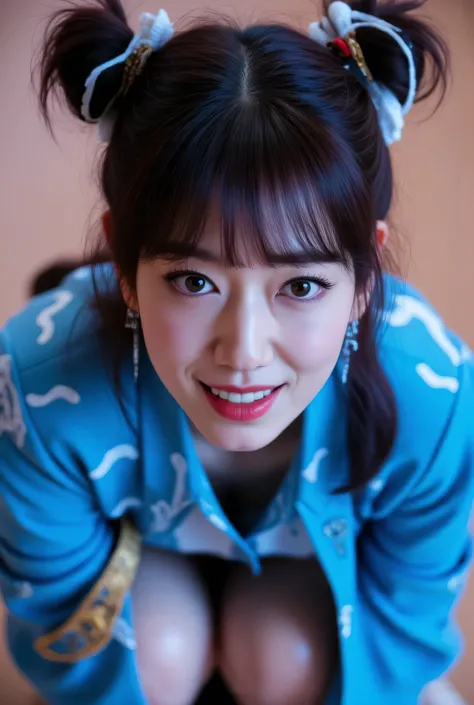 Park_Shin-hye, (Face-focus:1.3), (8mm fisheye lens:1.3), fisheye curvature applied to her face eyes chin and lips, extreme wide-angle distortion, warped perspective, curved lines, 180° field of view, Park Shin-hye in a Chun-Li from Street Fighter cosplay, ...