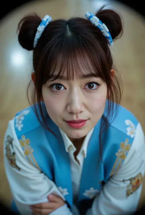 Park_Shin-hye, (Face-focus:1.3), (8mm fisheye lens:1.3), fisheye curvature applied to her face eyes chin and lips, extreme wide-angle distortion, warped perspective, curved lines, 180° field of view, Park Shin-hye in a Chun-Li from Street Fighter cosplay, ...