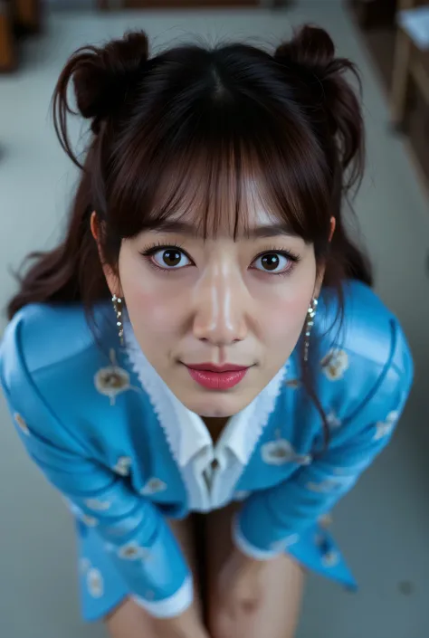 Park_Shin-hye, (Face-focus:1.3), (8mm fisheye lens:1.3), fisheye curvature applied to her face eyes chin and lips, extreme wide-angle distortion, warped perspective, curved lines, 180° field of view, Park Shin-hye in a Chun-Li from Street Fighter cosplay, ...