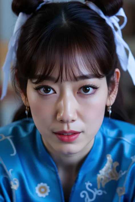 Park_Shin-hye, (Face-focus:1.3), (8mm fisheye lens:1.3), fisheye curvature applied to her face eyes chin and lips, extreme wide-angle distortion, warped perspective, curved lines, 180° field of view, Park Shin-hye in a Chun-Li from Street Fighter cosplay, ...