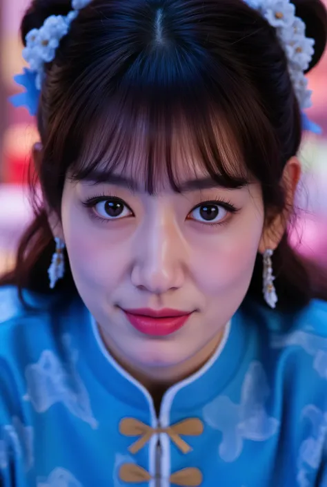 Park_Shin-hye, (Face-focus:1.3), (8mm fisheye lens:1.3), fisheye curvature applied to her face eyes chin and lips, extreme wide-angle distortion, warped perspective, curved lines, 180° field of view, Park Shin-hye in a Chun-Li from Street Fighter cosplay, ...