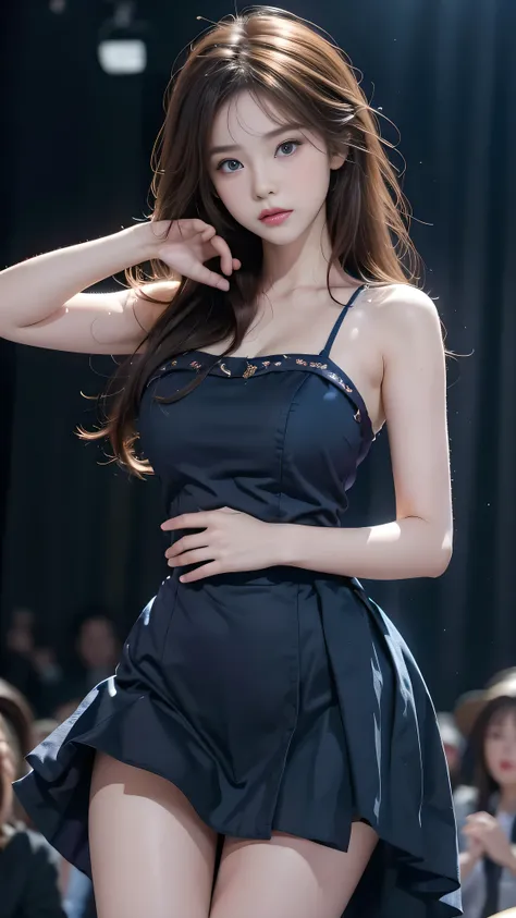 1 girl, 19 years old, ((city in Vietnam)), dark brown hair, purple eyes, hair ornament, ((cowboy photo)), ((A stunning beautiful woman dancing on stage, slow graceful movements, right hand on chest, left hand reaching forward as if holding onto something, ...