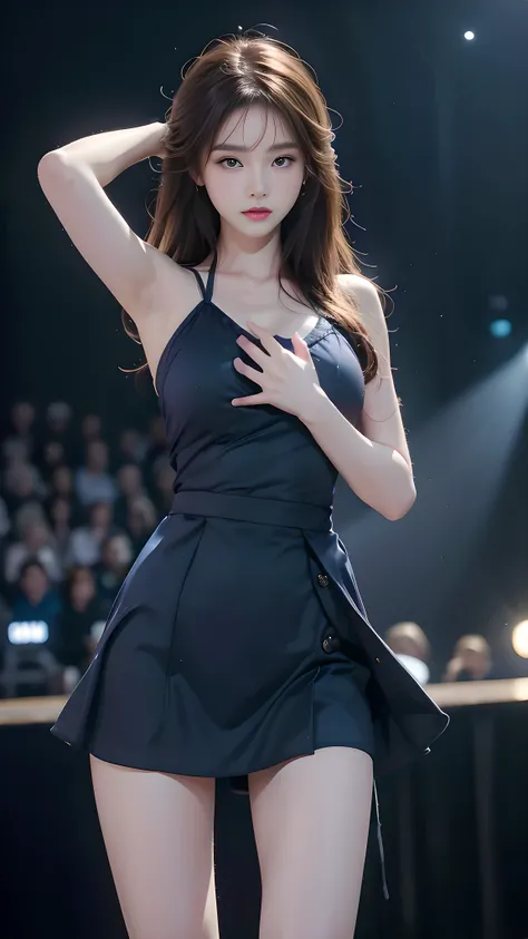 1 girl, 19 years old, ((city in Vietnam)), dark brown hair, purple eyes, hair ornament, ((cowboy photo)), ((A stunning beautiful woman dancing on stage, slow graceful movements, right hand on chest, left hand reaching forward as if holding onto something, ...