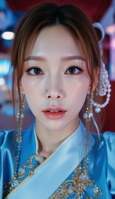 ohwx, (Face-focus:1.3), (8mm fisheye lens:1.3), fisheye curvature applied to her face eyes chin and lips, extreme wide-angle distortion, warped perspective, curved lines, 180° field of view, Taeyeon in a Chun-Li from Street Fighter cosplay, face close-up, ...