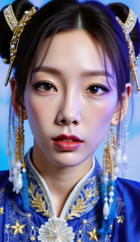 ohwx, (Face-focus:1.3), (8mm fisheye lens:1.3), fisheye curvature applied to her face eyes chin and lips, extreme wide-angle distortion, warped perspective, curved lines, 180° field of view, Taeyeon in a Chun-Li from Street Fighter cosplay, face close-up, ...