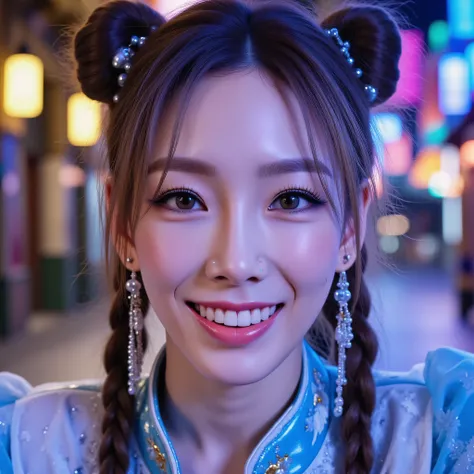 ohwx, (Face-focus:1.3), (8mm fisheye lens:1.3), fisheye curvature applied to her face eyes chin and lips, extreme wide-angle distortion, warped perspective, curved lines, 180° field of view, Taeyeon in a Chun-Li from Street Fighter cosplay, face close-up, ...