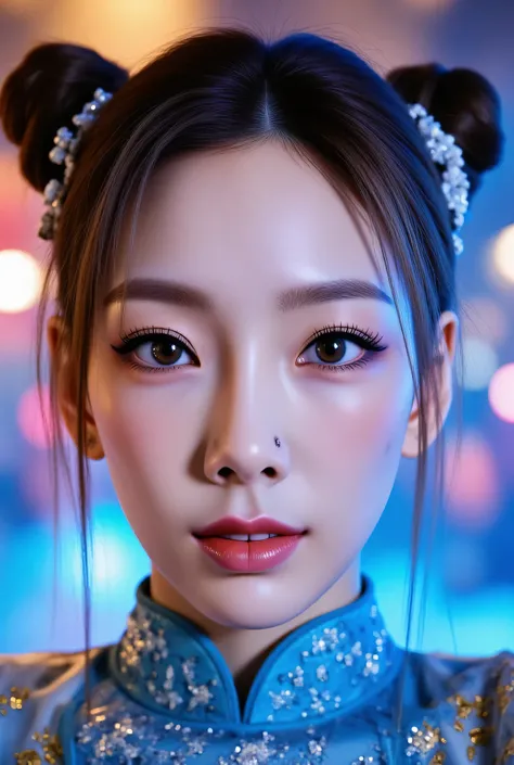 ohwx, (Face-focus:1.3), (8mm fisheye lens:1.3), fisheye curvature applied to her face eyes chin and lips, extreme wide-angle distortion, warped perspective, curved lines, 180° field of view, Taeyeon in a Chun-Li from Street Fighter cosplay, face close-up, ...
