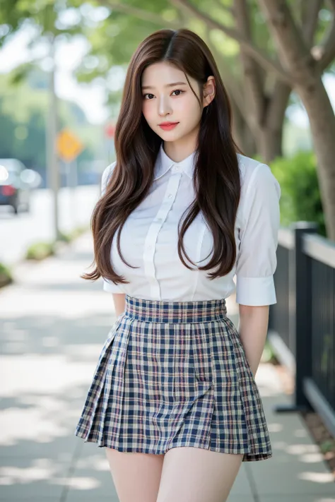 bright photo of beautiful korean girl with long brown hair , dslr, day,sunny,shiny, high quality, light reflections, blood vessels, pale skin, detailed skin, bid breasts,hyperdetailed face, Detailed lips, (parted lips),((huge full breasts)),Perfect fit, Pe...