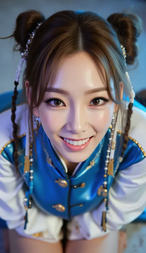 ohwx, (Face-focus:1.3), (8mm fisheye lens:1.3), fisheye curvature applied to her face eyes chin and lips, extreme wide-angle distortion, warped perspective, curved lines, 180° field of view, Taeyeon in a Chun-Li from Street Fighter cosplay, high downward a...