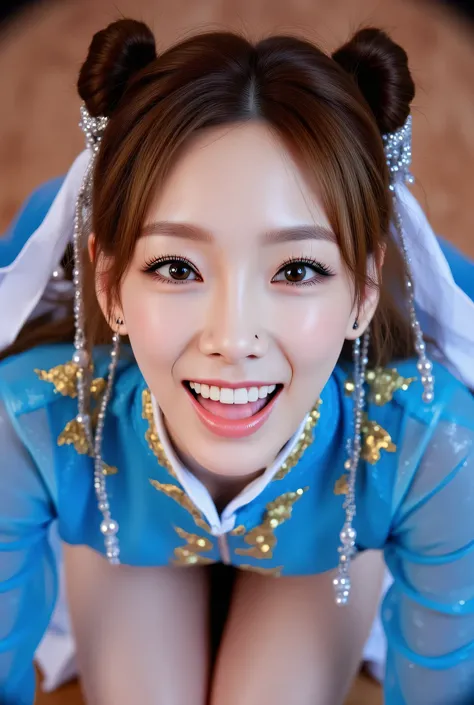 ohwx, (Face-focus:1.3), (8mm fisheye lens:1.3), fisheye curvature applied to her face eyes chin and lips, extreme wide-angle distortion, warped perspective, curved lines, 180° field of view, Taeyeon in a Chun-Li from Street Fighter cosplay, high downward a...