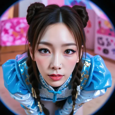 ohwx, (Face-focus:1.3), (8mm fisheye lens:1.3), fisheye curvature applied to her face eyes chin and lips, extreme wide-angle distortion, warped perspective, curved lines, 180° field of view, Taeyeon in a Chun-Li from Street Fighter cosplay, high downward a...