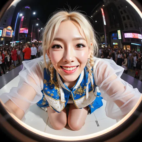 Fisheye lens,ohwx, (Face-focus:1.3), (8mm fisheye lens:1.3), fisheye curvature applied to her face eyes chin and lips, extreme wide-angle distortion, warped perspective, curved lines, 180° field of view, Taeyeon in a Chun-Li from Street Fighter cosplay, hi...