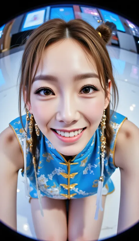 Fisheye lens,ohwx, (Face-focus:1.3), (8mm fisheye lens:1.3), fisheye curvature applied to her face eyes chin and lips, extreme wide-angle distortion, warped perspective, curved lines, 180° field of view, Taeyeon in a Chun-Li from Street Fighter cosplay, hi...