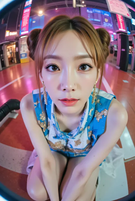 Fisheye lens,ohwx, (Face-focus:1.3), (8mm fisheye lens:1.3), fisheye curvature applied to her face eyes chin and lips, extreme wide-angle distortion, warped perspective, curved lines, 180° field of view, Taeyeon in a Chun-Li from Street Fighter cosplay, hi...