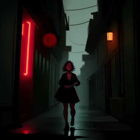 clueless_hitman,woman,20s,messy_hair,tired_expression,holding_knife,slightly_blurred,moody_lighting,dark_alleyway,rain_falling,neon_signs,cyberpunk_atmosphere,cinematic,digital_painting,8k,masterpiece,photorealistic,sharp_focus,HDR,studio_lighting,vibrant_...