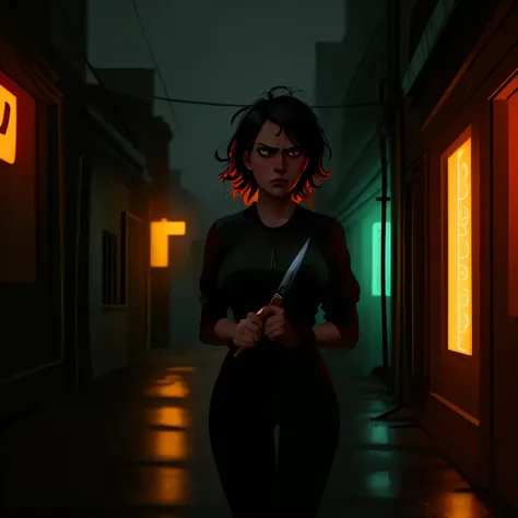 clueless_hitman,woman,20s,messy_hair,tired_expression,holding_knife,slightly_blurred,moody_lighting,dark_alleyway,rain_falling,neon_signs,cyberpunk_atmosphere,cinematic,digital_painting,8k,masterpiece,photorealistic,sharp_focus,HDR,studio_lighting,vibrant_...