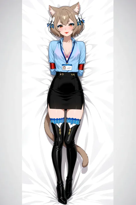 light blue shirt, cleavage, pink bra, underwear, lanyard, black skirt, pencil skirt, bondage spreader arms, secretary1, bdsm felix argyle, short hair, bangs, brown hair, animal ears, hair bow, male focus, cat ears, eyelashes, bob cut, thick eyebrows, whit...