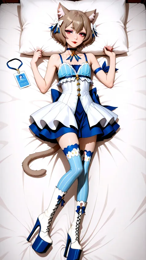 alt3rnativeshoes, felix argyle, short hair, bangs, brown hair, animal ears, hair bow, male focus, cat ears, eyelashes, bob cut, thick eyebrows, white bow, otoko no ko, cat tail, small breast, id card, red lipstick, eyelashes, makeup, glossy lips, black t...