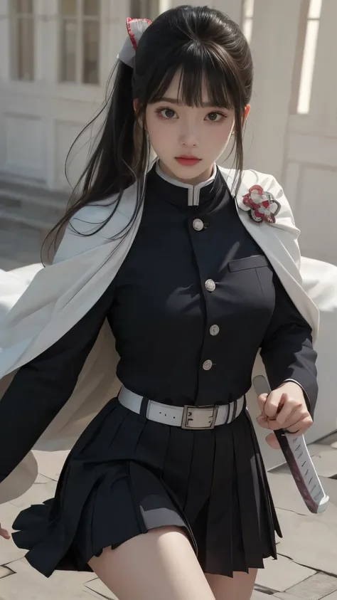 (Original photo, Highest Quality), (realistic, Photorealistic truth: 1.3), Highest Quality, very detailed, masterpiece, super detailed, figure, one girl, Kanao Tsuyuri, ((Buns pats,side ponytail)),(( Demon Slayer Uniform:1.4)), butterfly headdress,( white ...