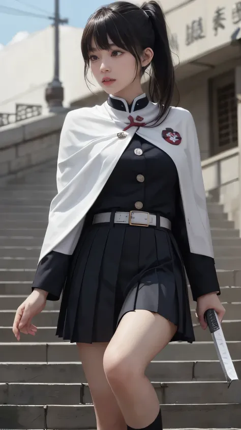 (Original photo, Highest Quality), (realistic, Photorealistic truth: 1.3), Highest Quality, very detailed, masterpiece, super detailed, figure, one girl, Kanao Tsuyuri, ((Buns pats,side ponytail)),(( Demon Slayer Uniform:1.4)), butterfly headdress,( white ...