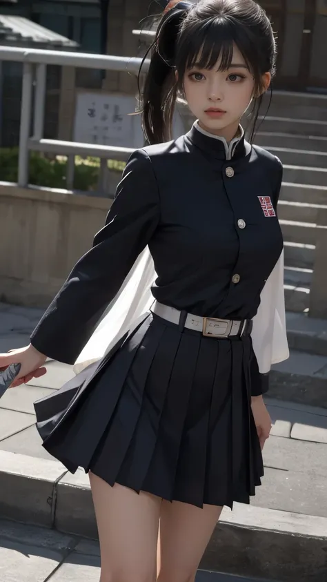 (Original photo, Highest Quality), (realistic, Photorealistic truth: 1.3), Highest Quality, very detailed, masterpiece, super detailed, figure, one girl, Kanao Tsuyuri, ((Buns pats,side ponytail)),(( Demon Slayer Uniform:1.4)), butterfly headdress,( white ...