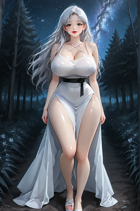 A girl, cha Hye Yeon. long hair, wavy brown  . piel clara. Green Eyes. Red lipstick. Wear a white latex top, sleeveless, Crossed halter neckline. huge breasts, narrow waist, wide hip. wide thighs and legs. black latex leggings. White high-heeled sandals wi...