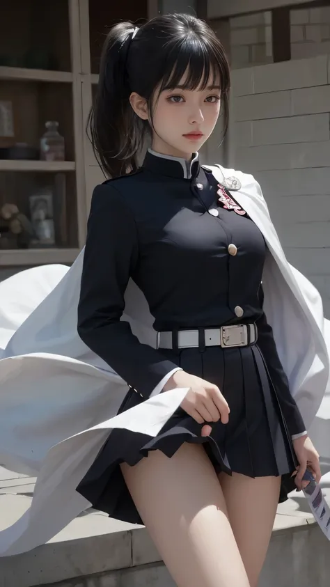 (Original photo, Highest Quality), (realistic, Photorealistic truth: 1.3), Highest Quality, very detailed, masterpiece, super detailed, figure, one girl, Kanao Tsuyuri, ((Buns pats,side ponytail)),(( Demon Slayer Uniform:1.4)), butterfly headdress,( white ...