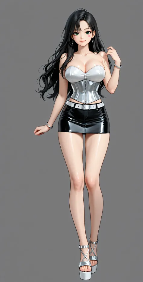 High Definition, 4k, Of course. A girl, cha Hye Yeon, mischievous posture . smile. Alone. (gray background). Metallic shiny white latex corset. black denim miniskirt. white belt, silver bracelets , black high heel platform sandals, FULL BODY, smile (h...