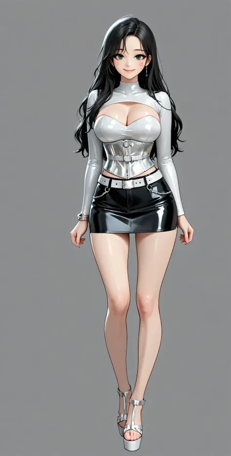 High Definition, 4k, Of course. A girl, cha Hye Yeon, mischievous posture . smile. Alone. (gray background). Metallic shiny white latex corset. black denim miniskirt. white belt, silver bracelets , black high heel platform sandals, FULL BODY, smile (h...