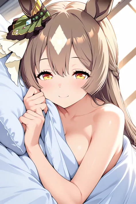 Satono diamond, uma musume, horse ears, lay side on bed, looking at viewer, naked, white bed, soft smile, squint eyes, morning, mouth closed, face, grinning, blanket covered lower body, pov
