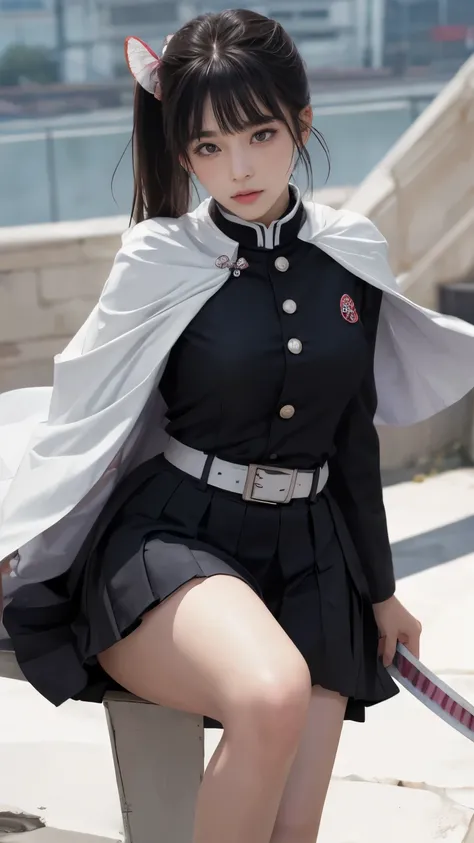 (Original photo, Highest Quality),worm’s-eye view、low angle shot、from below、looking down、 (realistic, Photorealistic truth: 1.3), Highest Quality, very detailed, masterpiece, super detailed, figure, one girl, Kanao Tsuyuri, ((Buns pats,side ponytail)),(( D...