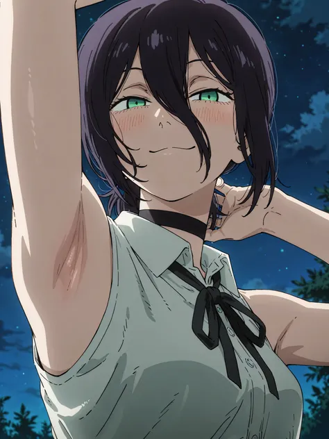 masterpiece, best quality, amazing quality, anime screencap, anime coloring, 1girl, solo, rezeanime, anime, chainsaw man, reze \(chainsaw man\), green eyes, medium hair, hair between eyes, single hair bun, choker, collared shirt, sleeveless shirt, neck rib...