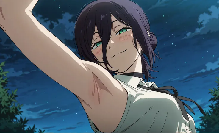 masterpiece, best quality, amazing quality, anime screencap, anime coloring, 1girl, solo, rezeanime, anime, chainsaw man, reze \(chainsaw man\), green eyes, medium hair, hair between eyes, single hair bun, choker, collared shirt, sleeveless shirt, neck rib...