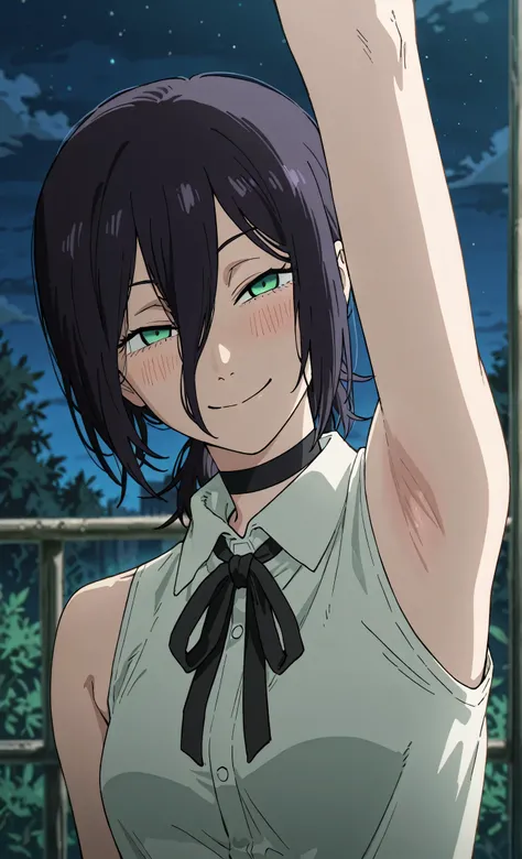 masterpiece, best quality, amazing quality, anime screencap, anime coloring, 1girl, solo, rezeanime, anime, chainsaw man, reze \(chainsaw man\), green eyes, medium hair, hair between eyes, single hair bun, choker, collared shirt, sleeveless shirt, neck rib...