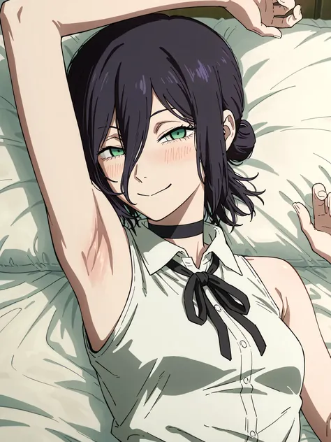 masterpiece, best quality, amazing quality, anime screencap, anime coloring, 1girl, solo, rezeanime, anime, chainsaw man, reze \(chainsaw man\), green eyes, medium hair, hair between eyes, single hair bun, choker, collared shirt, sleeveless shirt, neck rib...