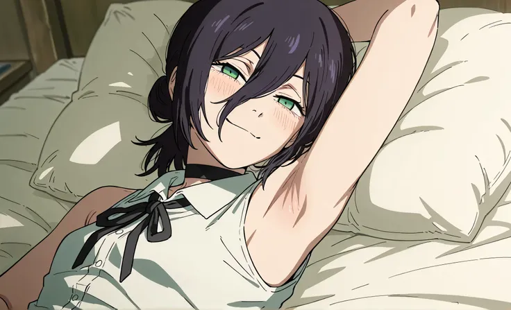 masterpiece, best quality, amazing quality, anime screencap, anime coloring, 1girl, solo, rezeanime, anime, chainsaw man, reze \(chainsaw man\), green eyes, medium hair, hair between eyes, single hair bun, choker, collared shirt, sleeveless shirt, neck rib...