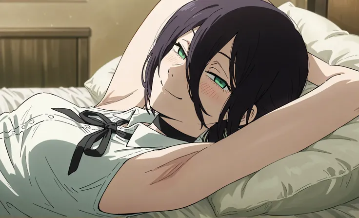 masterpiece, best quality, amazing quality, anime screencap, anime coloring, 1girl, solo, rezeanime, anime, chainsaw man, reze \(chainsaw man\), green eyes, medium hair, hair between eyes, single hair bun, choker, collared shirt, sleeveless shirt, neck rib...