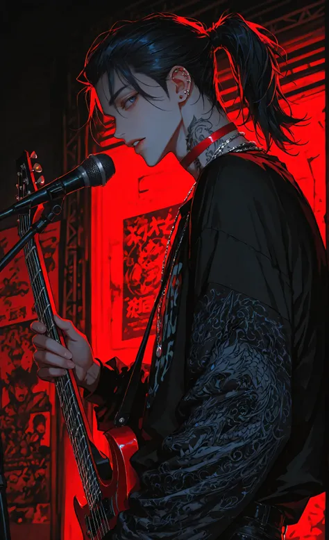 (moody lighting, dramatic shadows, bloom lighting, colored shadows,masterpiece: 1.3, 8k: 1.3, Highest quality: 1.3, detail: 1.3, high resolution: 1.3, digital painting, super detail, 1male, boy, Side view, Dynamic pose with guitar in hand, hip-high frame) ...