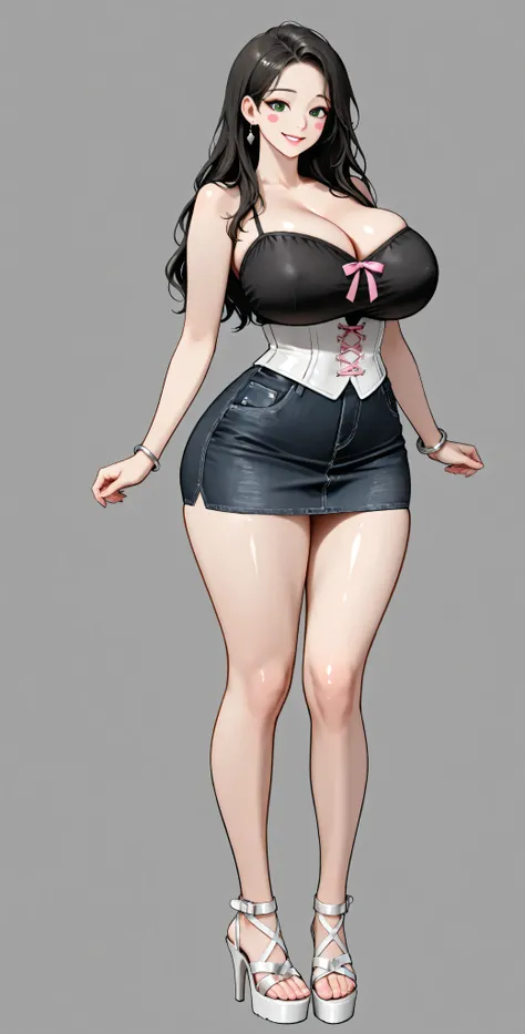 High Definition, 4k, Of course. a very horny nymphomaniac milf babe, cha Hye Yeon,  mischievous posture .   smile. Alone. (gray background). shiny white metallic corset, sleeveless, sweetheart neckline, shoulders uncovered, clavicles. very tight black deni...