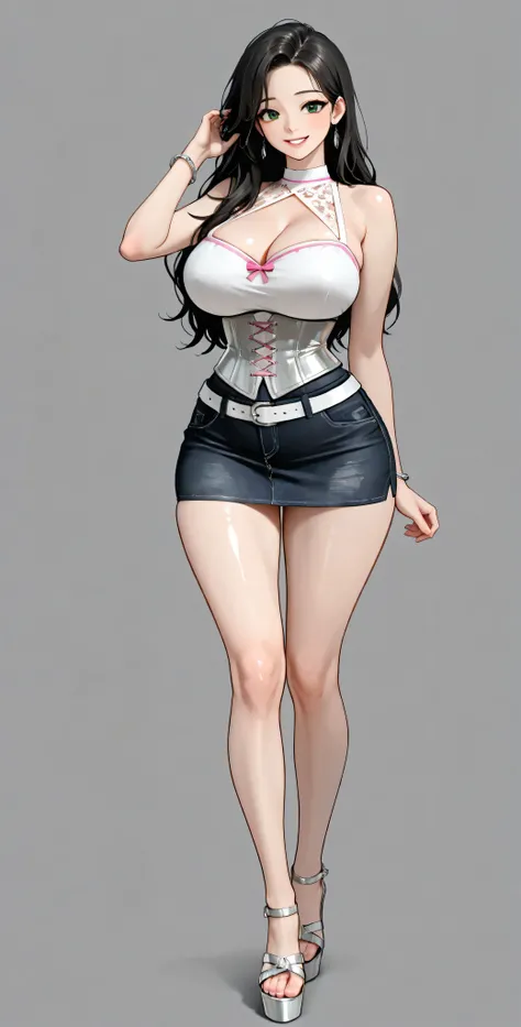 High Definition, 4k, Of course. a very horny nymphomaniac milf babe, cha Hye Yeon, mischievous posture . smile. Alone. (gray background). shiny white metallic corset, sleeveless, sweetheart neckline, shoulders uncovered, clavicles. very tight black deni...