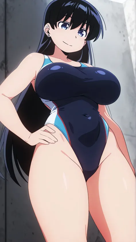 Arato Nagi, long hair,black hair,jewelry,earrings,blue eyes, large breasts、Competition Swimwear、 popup、、