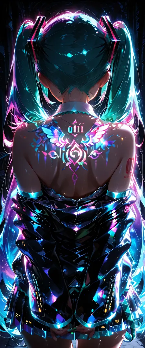 Hatsune Miku,(the tattoo is iridescent:1.5),(dark:2.0),masterpiece,Ultra-high resolution,Rich contrast,Very high quality,8k,Highly detailed CG unit wallpaper,Texture,So ridiculous,RAW Photos,Depth of written boundary 1.2,