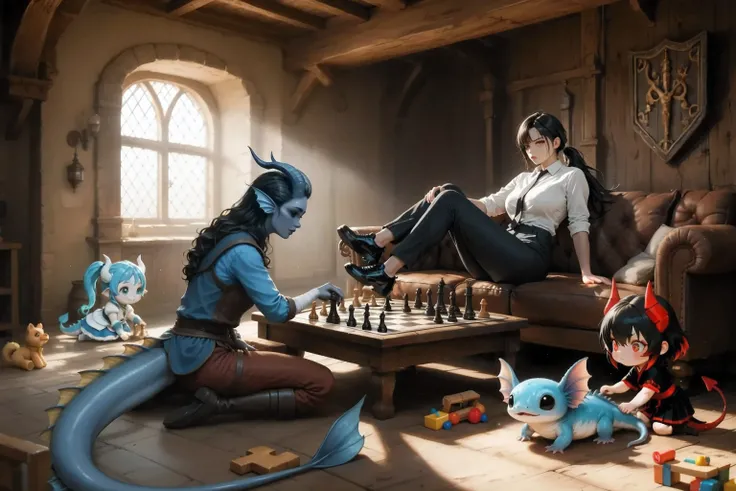better quality, Ultra-detailed, Highest resolution 8K,  A cinematic emotional static frame, 8K UHD, is extremely detailed, physical visualization, masterpiece, HDR, (sfw:1.4), 
Two girls are playing chess sitting on the couch, has a girl Kedra, yellow cres...